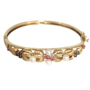 Antique 14k Yellow Gold Diamond,Pearls,Ruby &Sapphire Bangle Bracelets